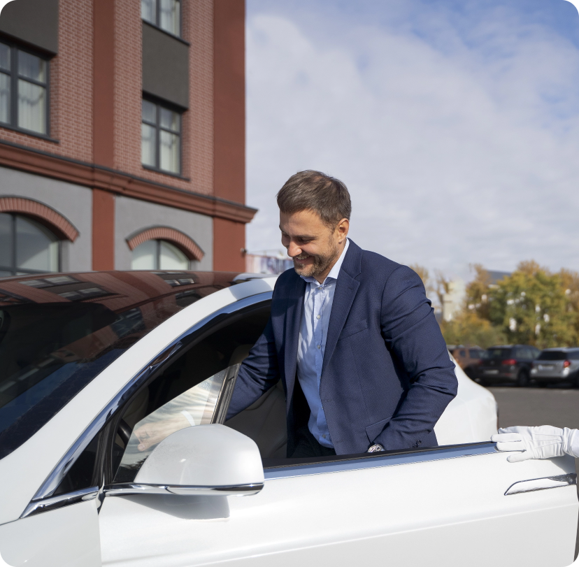 valet helping man side view