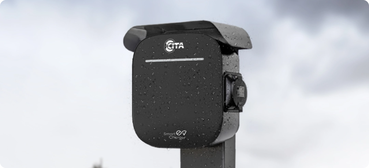 CITA IP65 rated EV chargers, showcasing its robust weatherproof design for all conditions in the UK.