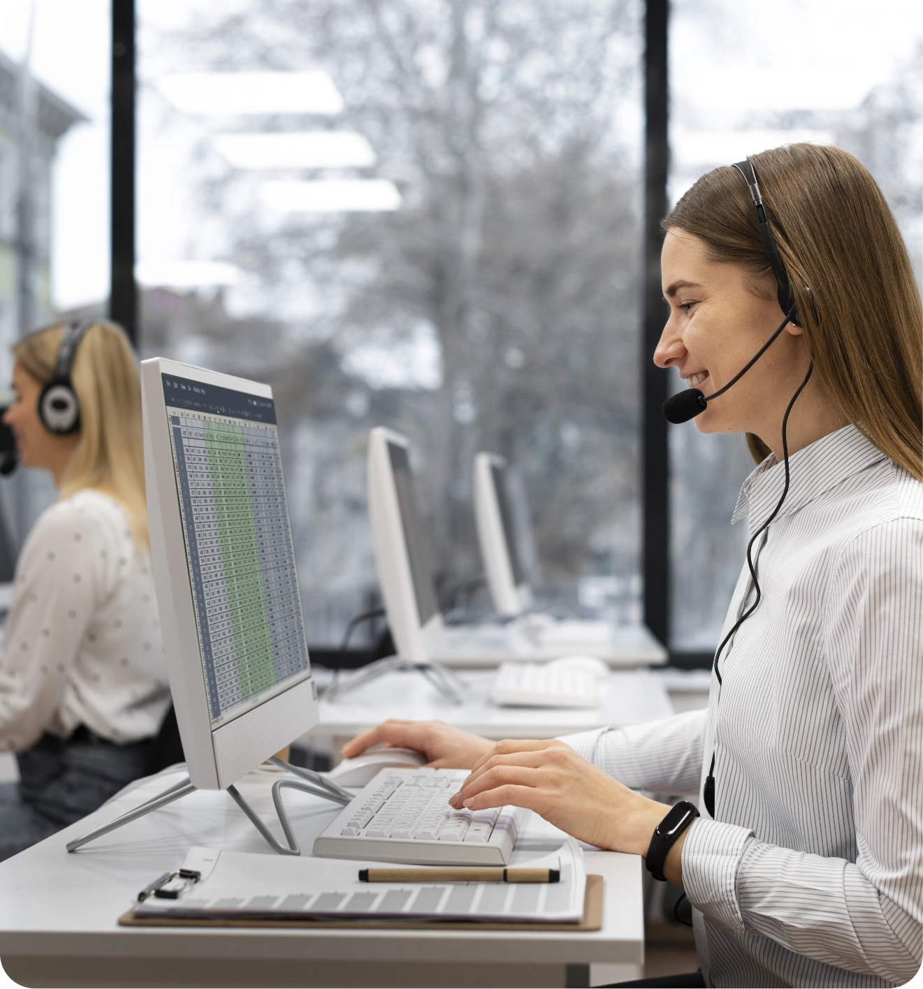 colleagues working together call center office