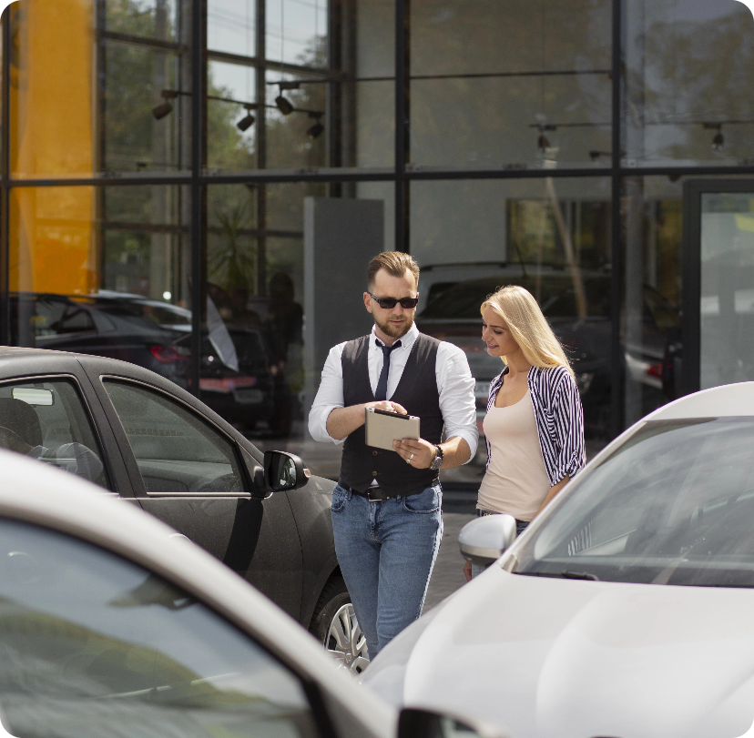 happy customer car dealership with seller
